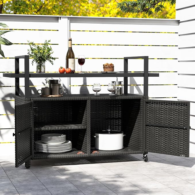 DWVO Outdoor Kitchen Island,Patio Buffet Cabinet with Storage, Bar Cart with Glass Top,Patio Storage Cabinet with Wheels,Outdoor Bar Table for Poolside and Backyard,Black
