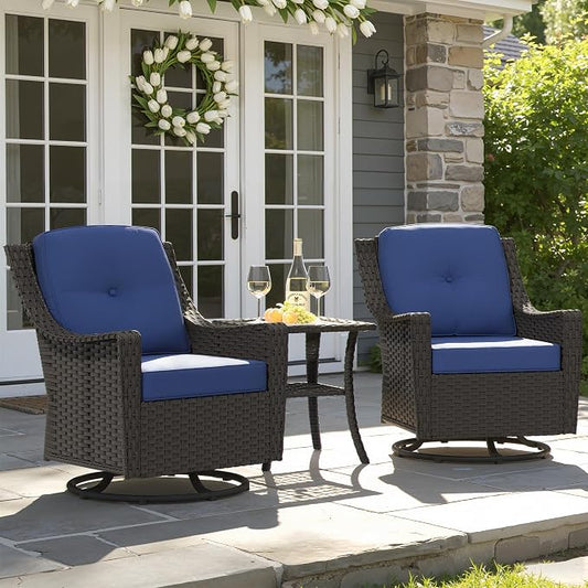 3 Pieces Patio Swivel Chairs & Side Table, PE Rattan Patio Chairs with Water-Resistant Cushion for Porch Outdoor Wicker Furniture Set (Blue, 3 PCS - Swivel Chair & Table)