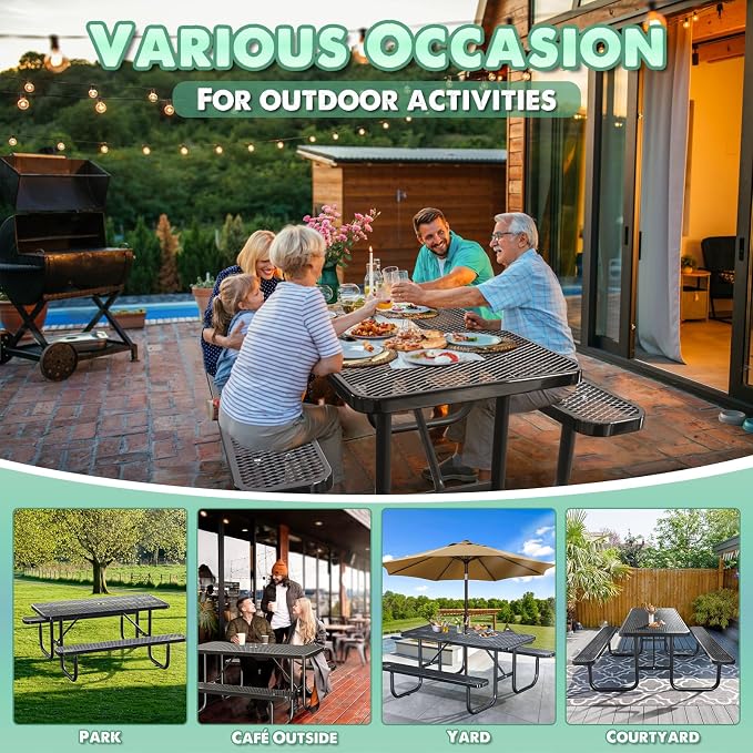 6FT Heavy Duty Picnic Table with 2 Benches, Up to 8 People Expanded Meta Outdoor Patio Dining Table with Umbrealla Hole, Outdoor Bench Set Steel Mesh Dining Furniture for Garden, Lawn, Patio