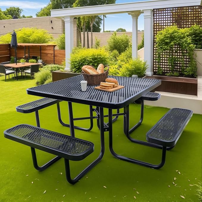46" Square Top Outdoor Picnic Table Set for Up to 8 Persons, Outside Table Set with 4 Built-in Benches, Metal Commercial-Grade Dining Furniture with Umbrella Hole for Garden, Backyard, Porch, Patio