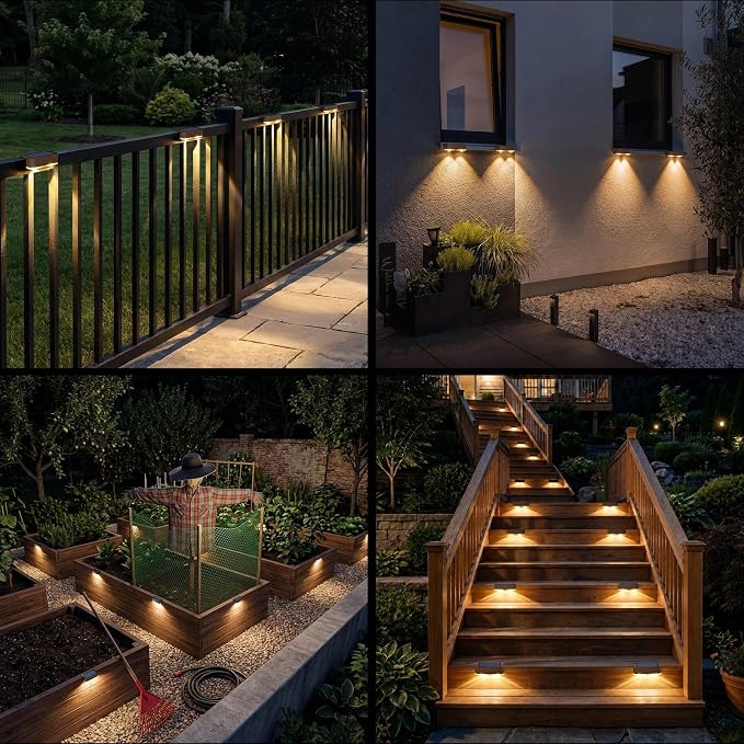 12 Pack Solar Fence Lights Outdoor,Deck Light Solar Powered, IP65 Waterproof Led Riling Solar Lights Brown Frame for Outside Yard Step, Wram White