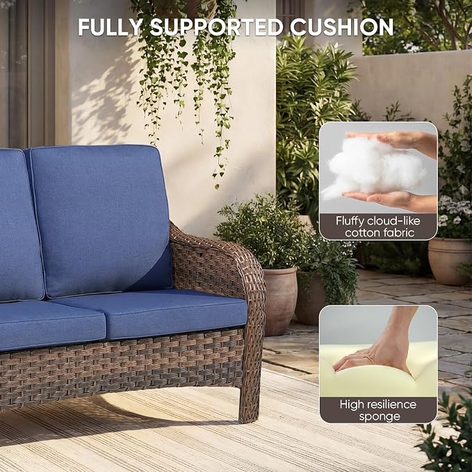 Outdoor Patio Loveseat, All-Weather Hand-Woven PE Wicker 2 Seat Sofa with Thick Cushions, High Back & Deep Seat, Ergonomic Design for Porch, Deck, Balcony, Garden, and Backyard(Blue)