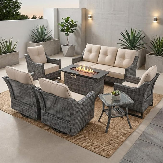 8-Piece Outdoor Patio Furniture Set, Grey Wicker Set with Sofa, 2 Swivel Chairs, 2 Chairs, 2 Ottomans and Side Table, 6-Inch Beige Cushions for Backyard