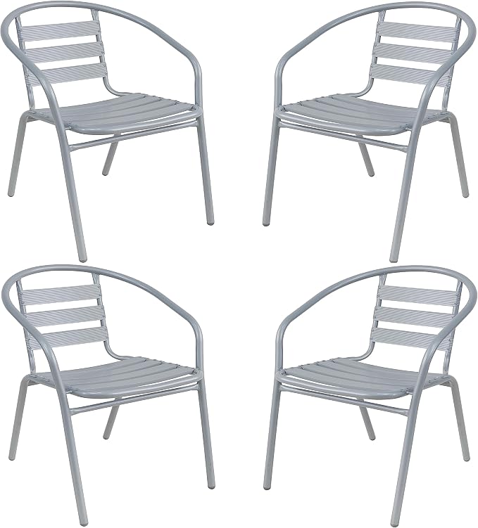 BTEXPERT Gray Indoor Outdoor Restaurant Stainless Steel Silver Aluminum + 4 Metal Slat Stack Lightweight, 4 Chairs with a 27.5" Round Table