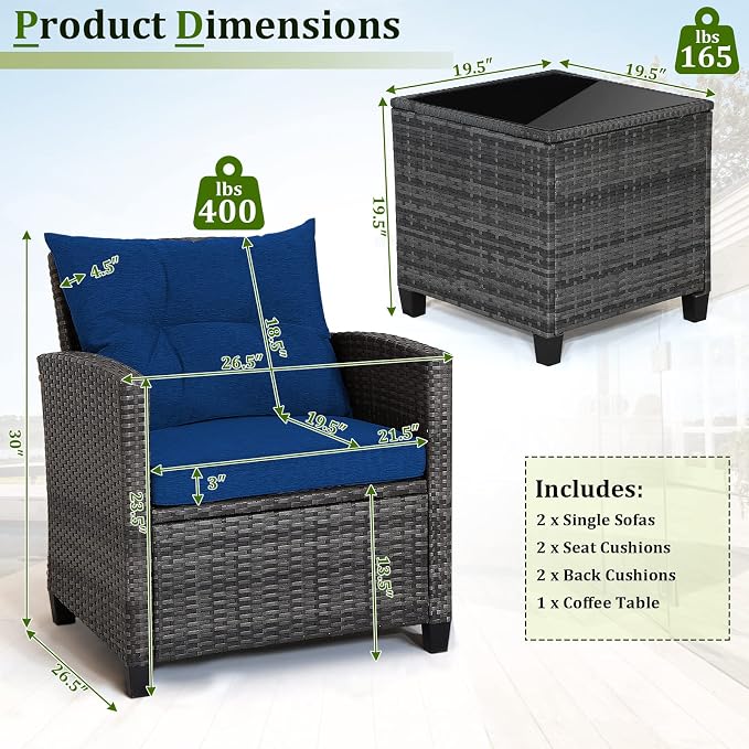 RELAX4LIFE Wicker Patio Furniture Sets - 3 Pieces Patio Rattan Sofa Set, Outdoor Conversation Set with Tempered Glass Tabletop, Heavy-Duty Steel Frame, Wicker Chair Set for Poolside, Backyard, Navy