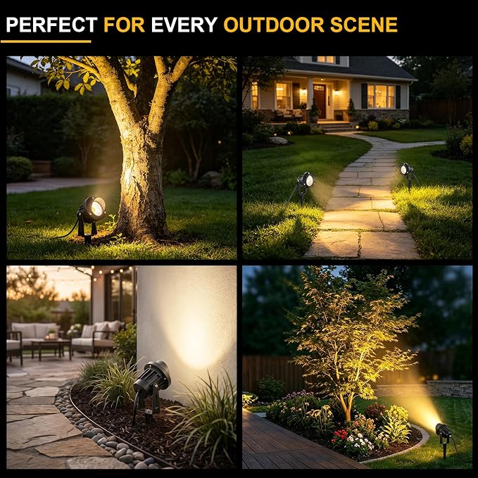 Romwish 10W Landscape Lighting, 120V Plug-in Outdoor Spotlights, 8 Pack | 3000K Warm White, 1100LM Bright LED, IP65 Waterproof, 120V Plug and Play, Adjustable 270° Beam for Yard Garden Lawn Tree