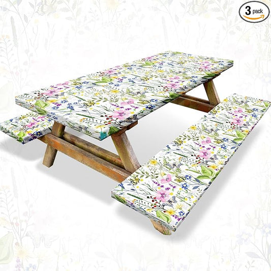 Boao 3 Pcs Vinyl Picnic Table Cover with Bench Cover 6 ft 30 x 72 Inch Waterproof Fitted Tablecloth Flannel Backing Rectangular Elastic Edged for Camping Outdoor Patio Travel(Wildflower)