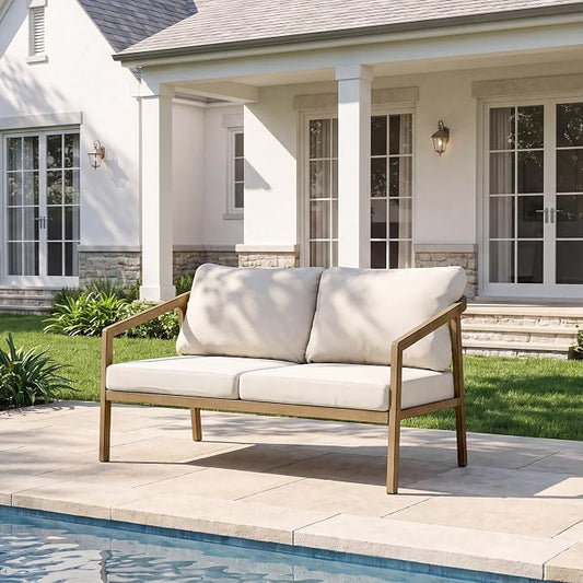 Outdoor Patio Loveseat Sofa, Aluminum 2-Seater Conversation Set with Washable Thick Cushions, Never-Rust Modern Garden Couch Bench for Porch, Poolside, Backyard (Brown+Beige)