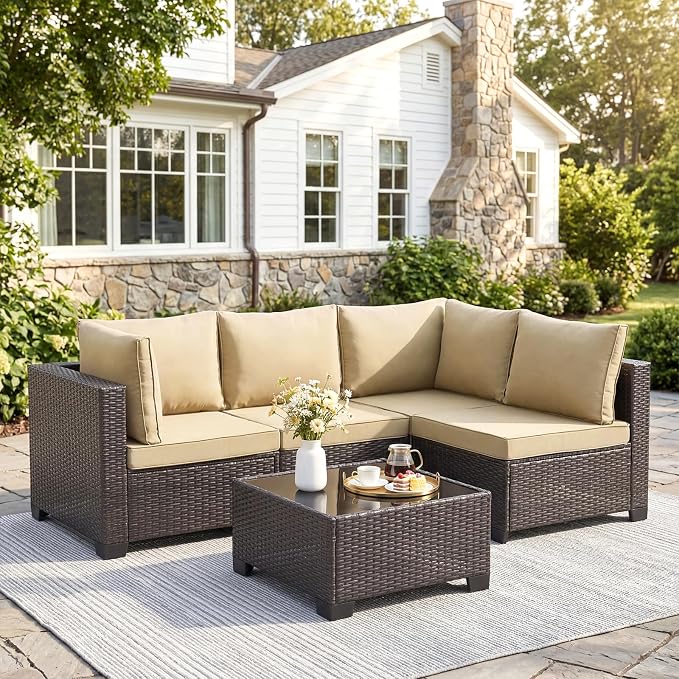 ANJ 5 Piece Outdoor Wicker Patio Furniture Set, Modular Loveseat Sofa with with Glass Top Coffee Table, All-Weather Rattan Conversation Couch Set for Balcony, Backyard, Dark Brown Wicker-Camel
