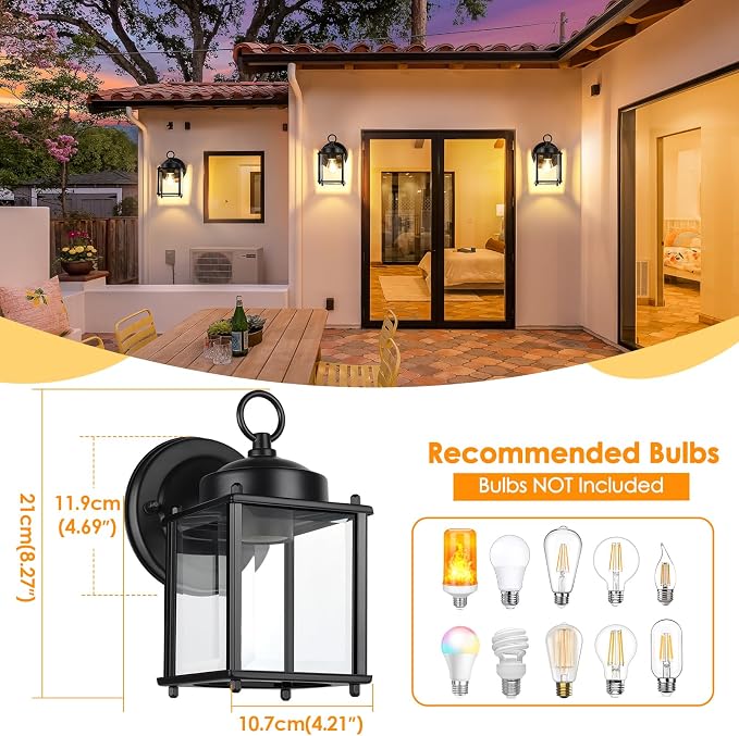 MATAMEYE Outdoor Wall Lantern, Exterior Waterproof Wall Sconce Light Fixtures, Black Front Door Wall Lighting with Clear Beveled Glass Shade, 2 Pack