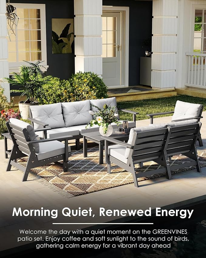 GREENVINES Outdoor-Couch | HDPE Plastic | Patio Sectional Conversation Set | All Weather Couches | Sofa with Detachable Armrests | for Porch Deck Lawn | Gray Frame Light Gray Cushion