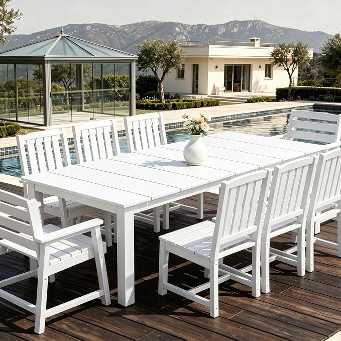 AreShark 9-Piece Outdoor Dining Set,HDPE Patio Table with 8 Chairs,All-Weather Patio Furniture Set with Umbrella Hole,Low Maintenance Wood Grain Dining Set for Backyard,Garden,Poolside,White