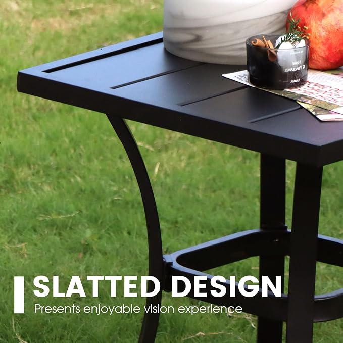 VICLLAX Patio 3 Pieces Outdoor Bistro Side Table Dining Set, Small Patio End Table Square Coffee Table and 2 Stackable Metal Chairs for Lawn,Garden,Porch,Black/Brown