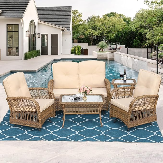 MEETWARM 5 Pieces Outdoor Wicker Patio Conversation Sets with Glider Loveseat, 2 Chairs with 2 Glass-Top Coffee Table Rocking Glider Set, Wicker Conversation Set with Thickened Cushions, Beige