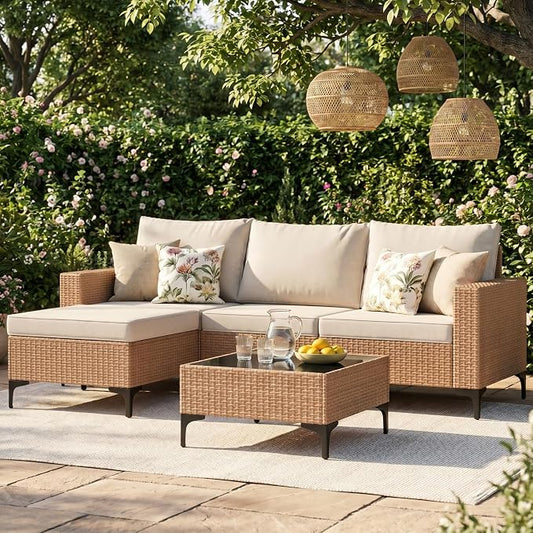Vikiullf 5 Pieces Patio Furniture Set, Wicker Outdoor Conversation Set, Patio Sectional Sofa with 4" Thick Cushions, for Backyard, Poolside, Garden (Beige)