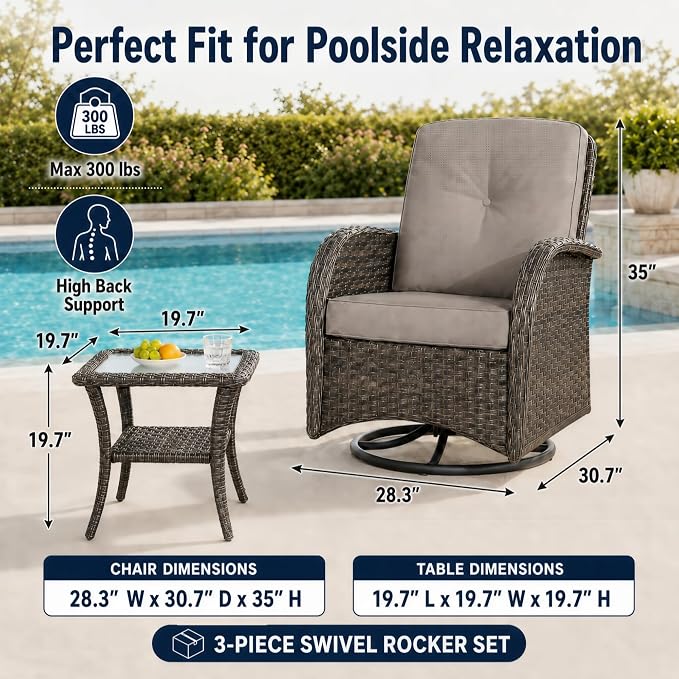 3-Piece Wicker Patio Furniture Set, Swivel Rocking Chairs, Brown/Grey | PE wicker, steel frame, 5mm tempered glass table, 4-inch cushions, 360-degree swivel, 250lbs capacity, garden use