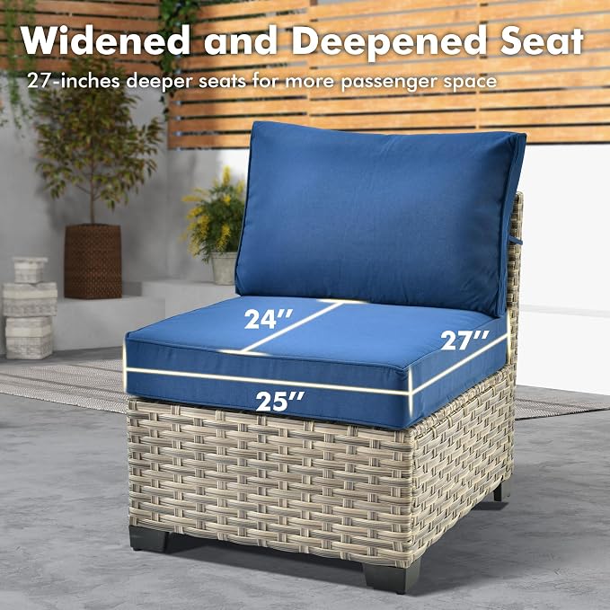 Weaxty 10 Pieces Outdoor Patio Furniture Set with Swivel Rocking Chair, Outdoor Sectional Sofa Couch Wicker Modular Patio Conversation Set w/42 Fire Pit and Coffee Side Table,Navy Blue