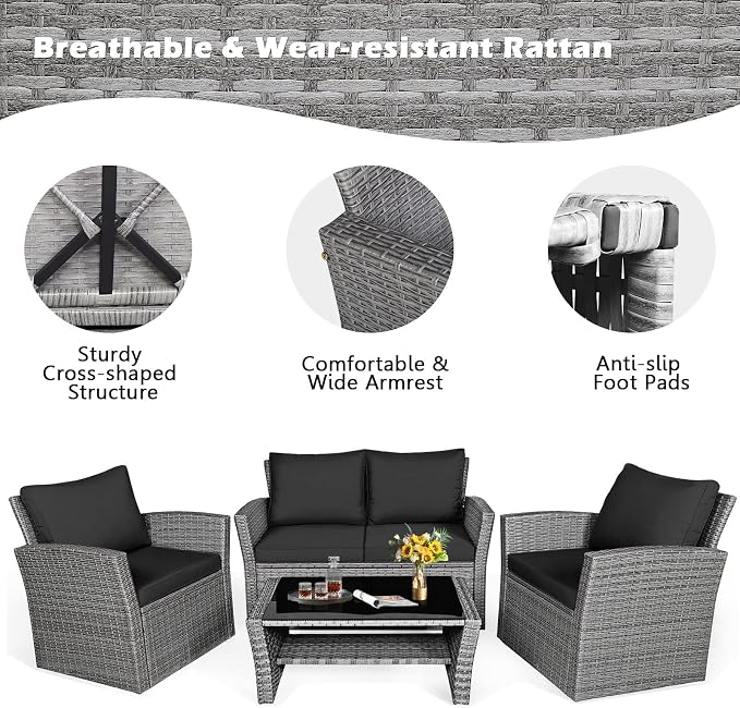 HAPPYGRILL 4 Pieces Conversation Set Outdoor Patio Rattan Furniture Set with Cushions and Coffee Table Sectional Wicker Sofa Set for Garden Porch Balcony Poolside