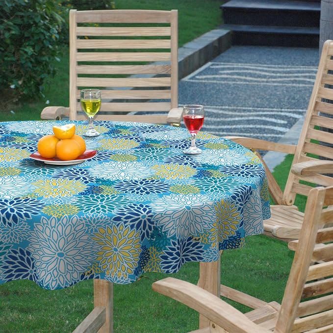 DYTXIII Outdoor Round Tablecloth with Umbrella Hole 60 Inch, Water Repellent & Fade Resistant Table Cover, All Weather Outdoor Tablecloth for Garden & Party Table, Dahlia Blue