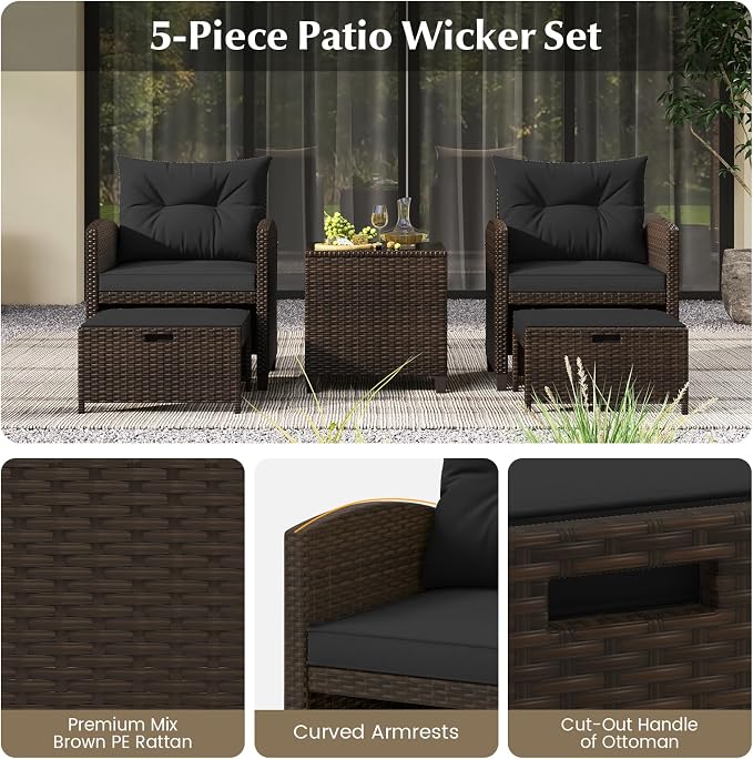 COSTWAY 5-Piece Rattan Conversation Set, Outdoor Wicker Sofa, Tempered Glass Coffee Table & Ottomans for Small Space, Boho Chic Indoor/Outdoor Furniture Set for Poolside, Backyard, Deck (Black)