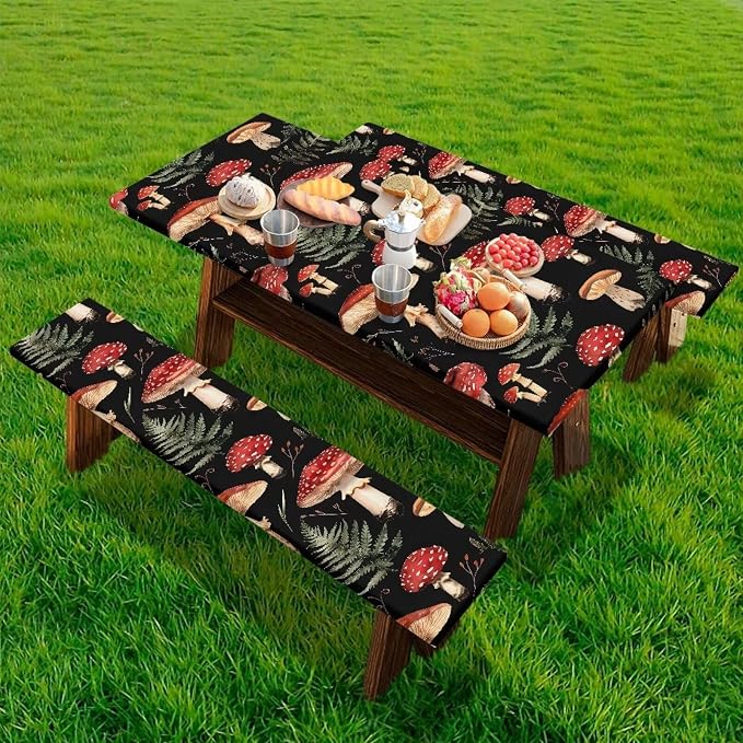Mushroom Picnic Table Cover with Bench Covers Foldable Outdoor Camping Tablecloth Dustproof Elastic Waterproof Picnic Table Cover 3 Piece Set Suitable for BBQ Picnic Party Camping