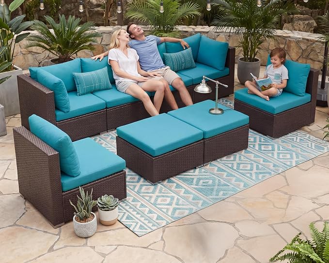 NICESOUL 8 Piece Outside Furniture Set, 29.3'' High Back Deep Seating Wicker Patio Modular Sectionals, Oversized Modern Comfy Conversation Sets for Backyard, Brown Rattan and Teal Cushion