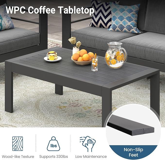 Wisteria Lane Aluminum Outdoor Patio Furniture Coffee Table, All-Weather Outdoor Metal Coffee Table, Modern Rectangle Coffee Table for Balcony, Garden, Dark Grey