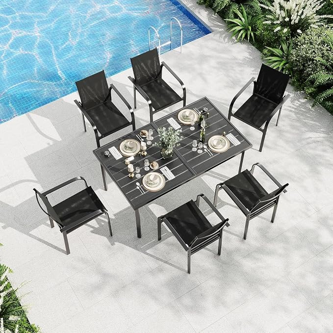 Garvee 7 Piece Patio Dining Set, Black Dining Table with 6 Black Chair | Outdoor Furniture with 55" Rectangular Iron Table & 6 Textilene Chairs, All Weather Designed, Suitable for Backyard Garden