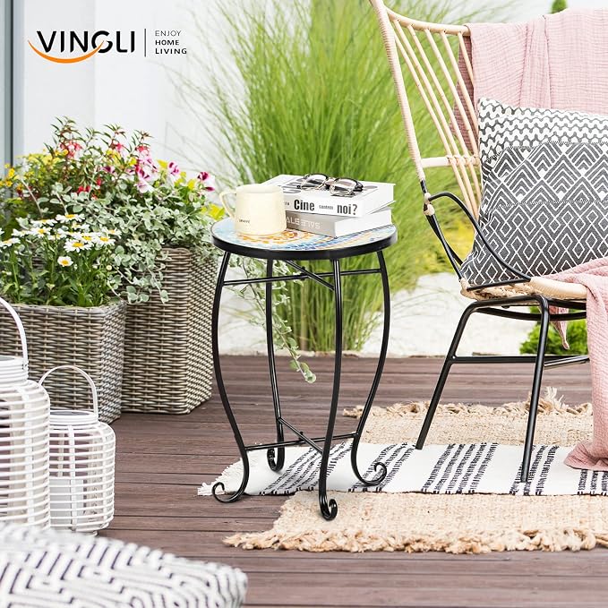 Bonnlo Mosaic Side Table Livingroom Coffee Table Plant Table Outdoor Garden Patio Balcony (Sun)