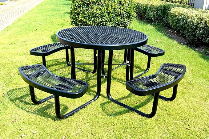 Heavy Duty 46" Steel Round Picnic Table, Expanded Metal Outdoor Table (Black)