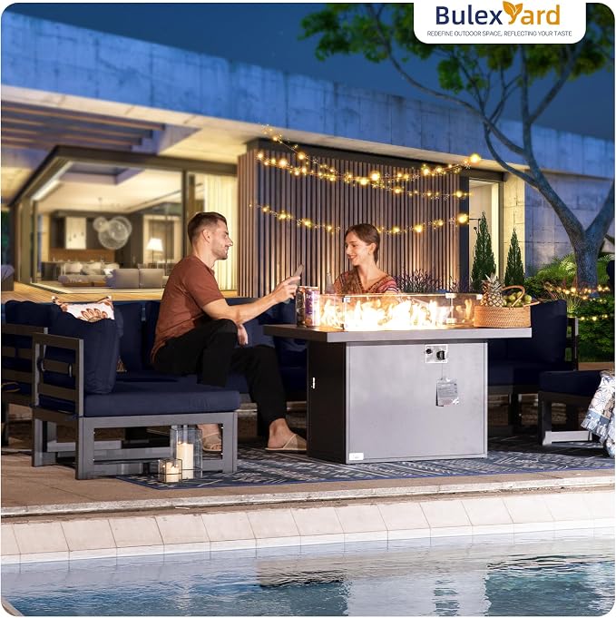 BULEXYARD 9 Piece Large Modern Aluminum Outdoor Patio Furniture Set with Fire Pit Table, 29 inch Wide Deep Seat, Rust Proof Comfy Sectional Sofa, 500 lbs Sturdy Front Yard Conversation Set, Navy Blue