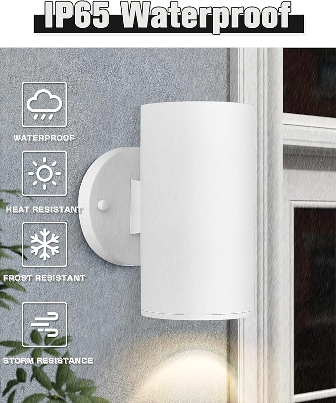 Ken & Ricky Modern Aluminum Outdoor Wall Sconce Lights,Cylinder，White,2 PK | Downward Outside Wall Light With Glass Cover,No Glare Exterior Lighting Fixtures,For House Front Porch Garage Patio Entryway