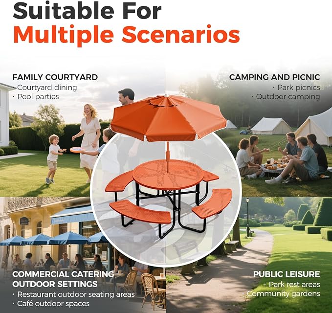 83" Round Heavy Duty Picnic Table for Outdoors Commercial Camping Table with Umbrella Hole up to 1.78" Orange Coated Steel Frame Waterproof Rust Resistant 3200 lbs Load Capacity