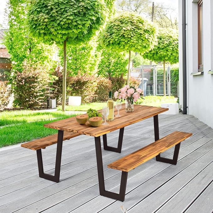 HAPPYGRILL Outdoor Picnic Table Bench Set with Wood Top & Steel Frame, Patio Dining Picnic Table Set with Umbrella Hole for Garden Backyard, Patented