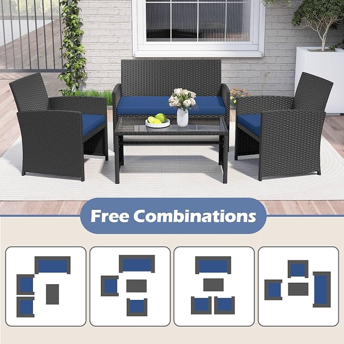 RELAX4LIFE 4-Piece Patio Furniture Set - Wicker Rattan Outdoor Sectional Sofa Set w/Glass Coffee Table, Loveseat, 2 Chairs & Soft Cushions, Bistro Conversation for Garden Porch (1, Black-Navy)