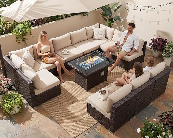 NICESOUL 11 Piece Outdoor Furniture Set with Natural Gas/Propane Firepit, Luxury 10-Seater Patio Sectional, 29.3'' High-Back Backyard Seating, All-Weather Rattan Couch Set for Deck, Brown & Beige