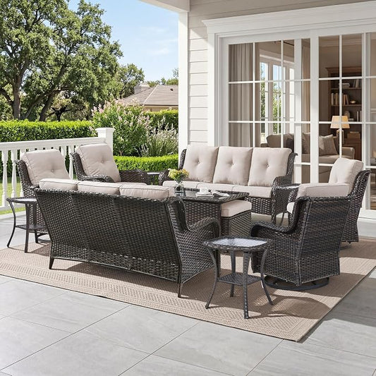 Belord 13 Piece Wicker Patio Furniture Set, Outdoor Swivel Rocker Chairs Set of 4 with Ottomans and Rattan Couch, All Weather Patio Conversation Furniture Set, for Pool,Yard Brown Wicker/Beige