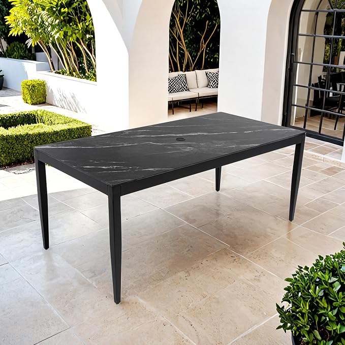 Luxury Outdoor Aluminum Dining Table for 6-8, Rectangular Patio Table with Black Marble Pattern Sintered Stone Top, Post Tapered Legs for Garden, Lawn, Weatherproof & Rust-Free