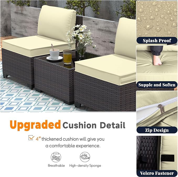 Patio Furniture Set 7 Pieces Outdoor Furniture Patio Conversation Set w/43in Aluminum Gas Fire Pit,PE Rattan Wicker 7 Pcs Outdoor Sofa Set w/55000 BTU Propane Fire Pit Table,Cream