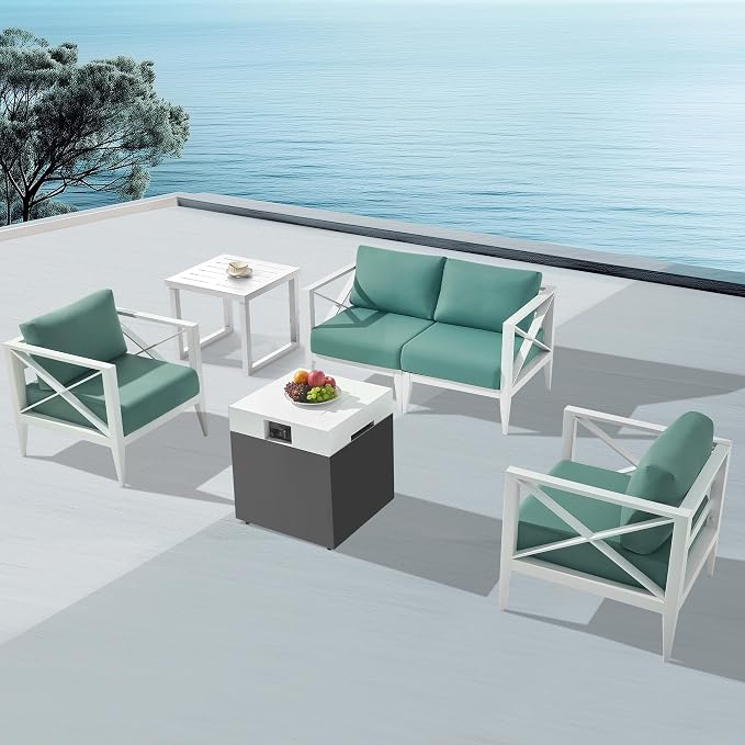 Outdoor Aluminum Patio Furniture Set, 4-Seats Patio Conversation Sofa Set with 37,000 BTU Fire Pit Table w/Glass Wind Guard, All Weather for Pool, Garden-White