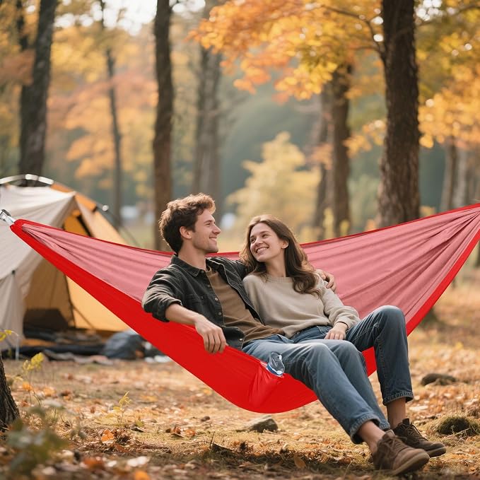 Red Solid Color Camping Hammock, Portable Lightweight Single Hammock with Tree Straps and Aluminum Carabiners, 114" x 54" Travel Hammock for Hiking Backpacking Beach