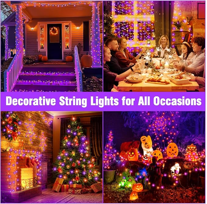 Nisocy 100FT Purple and Orange Halloween String Lights, Green Wire LED Mini Lights with 8 Modes and Timer, Plug-in Indoor Outdoor Lights for Trees, Porch, Fence, Yard, Fall and Thanksgiving Decor