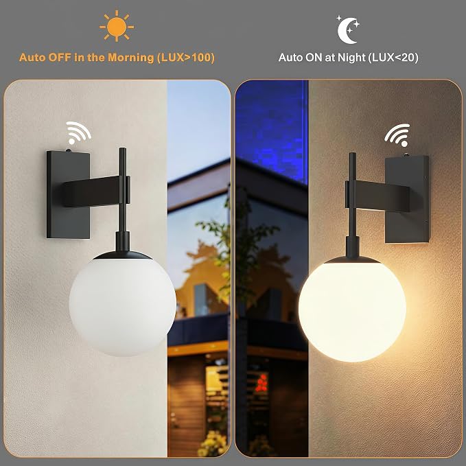 Hyunbae 18.1" Dusk to Dawn Outdoor Wall Sconce, Black Modern Exterior Light | White Globe Glass Shade, E26 Front Porch Light, Photocell Sensor, Garage Patio Entryway Use, IP65 Wall Mount Waterproof