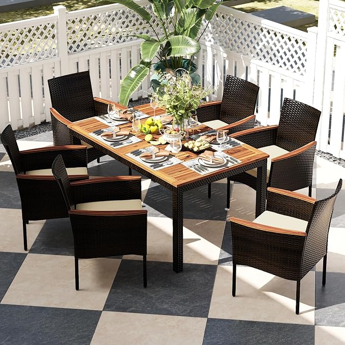 S AFSTAR 7 Piece Patio Dining Set, PE Rattan Outdoor Dining Furniture Set for 6 with Stackable Chairs & Acacia Wood Table, 1.96'' Umbrella Hole, Outdoor Table and Chairs for Backyard, Deck, Garden