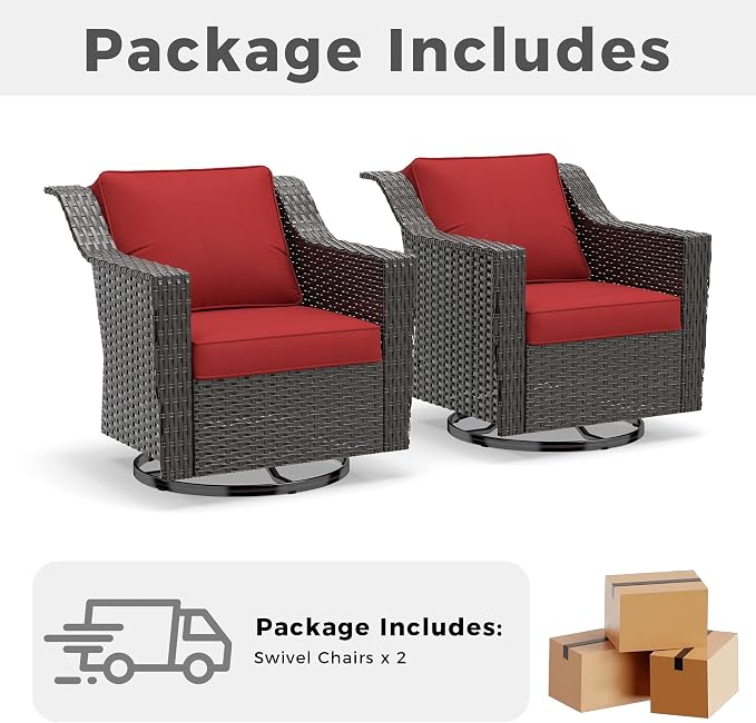 Patio 2 Pieces Wicker Swivel Chairs Set of 2，Outdoor PE Rattan Rocking Glider Armchairs, Water-Resistant Cushions with Removable and Washable Covers, Porch, Balcony, Sunroom (RED)