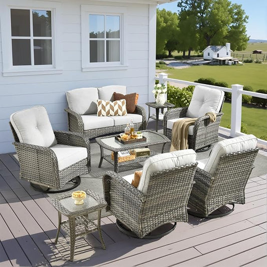 8 Pieces Outdoor Patio Furniture Set with Coffee Table, All Weather Wicker Patio Conversation Sets with Rocking Chairs, Balcony Furniture Sets for Backyard, Garden, Poolside, Grey