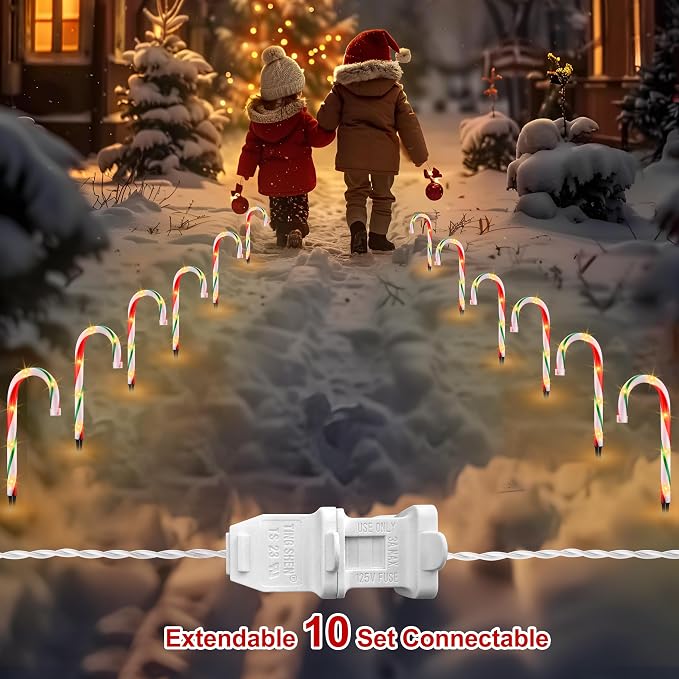 VCOKEN 10'' Christmas Candy Cane Lights Outdoor Pathway, Set of 10 Christmas Candy Cane Markers Waterproof, Light Up Xmas Decoration with Stakes for Holiday Party Yard Art Indoor Outdoor