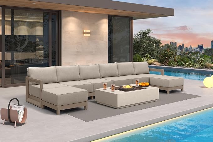 PURPLE LEAF Patio Furniture Set U-shaped Outdoor Couch with 9.6" Thick Cushion and Soft Pillows 8 Piece Outdoor Sectional Sofas with Ottoman Modern Outdoor Conversation Sets for Yard Porch Deck, khaki