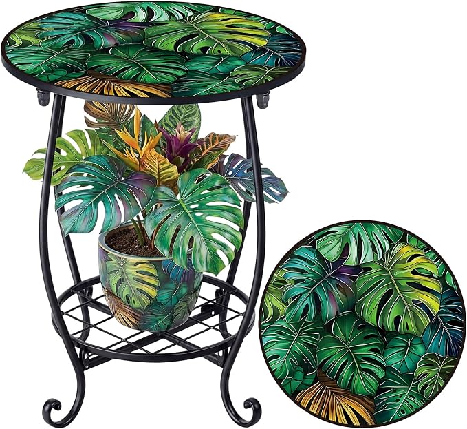 Cinnvoice Outdoor Side Table Round Small Mosaic Patio Accent Indoor End Plant Coffee Tea Table for Yard Patio Porch Garden Living Room, Bedroom (Monster Leaf Style,14 Inch)