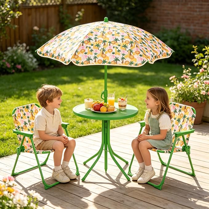 KOTEK Kids Picnic Table with Umbrella, Outdoor Table & 2 Folding Chairs, Cute Pattern Children’s Patio Furniture, Portable Kids Table and Chair Set for Backyard, Garden, Beach (Green Forest)